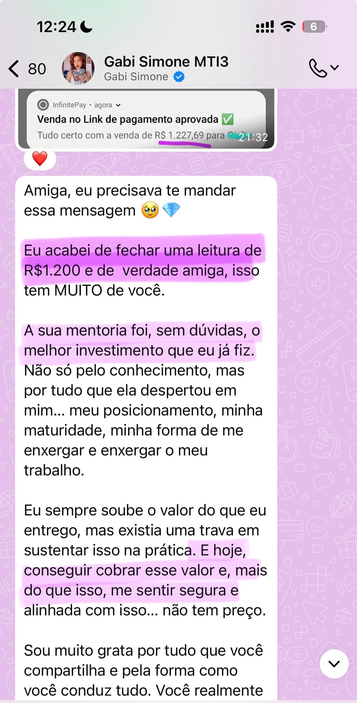 Depoimento de aluna sobre venda de leitura de aproximadamente 1200 reais